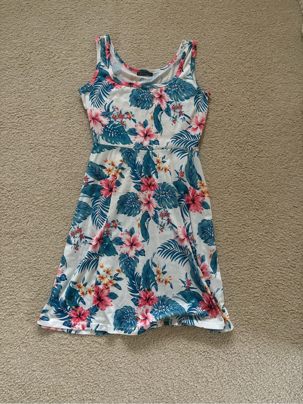 Fensace's Tropical Floral Tank Dress in White, Teal & Pink